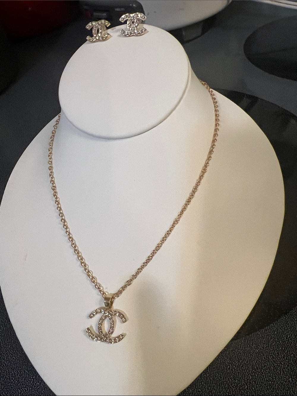 Designer Inspired Gold Crystal CC Logo Necklace and Stud Earrings